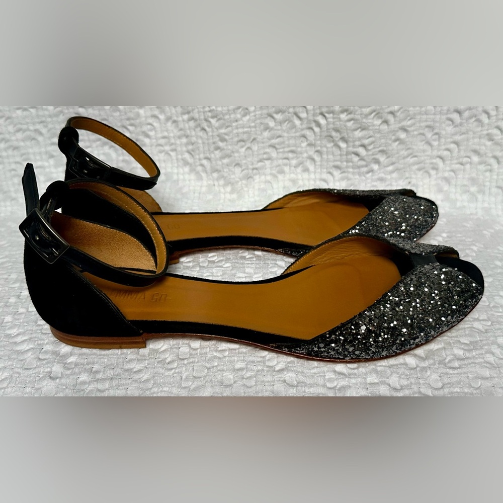 EMMA GO JULIETTE SANDAL in Glitter Smoke & Suede Black SZ 39/8-8.5